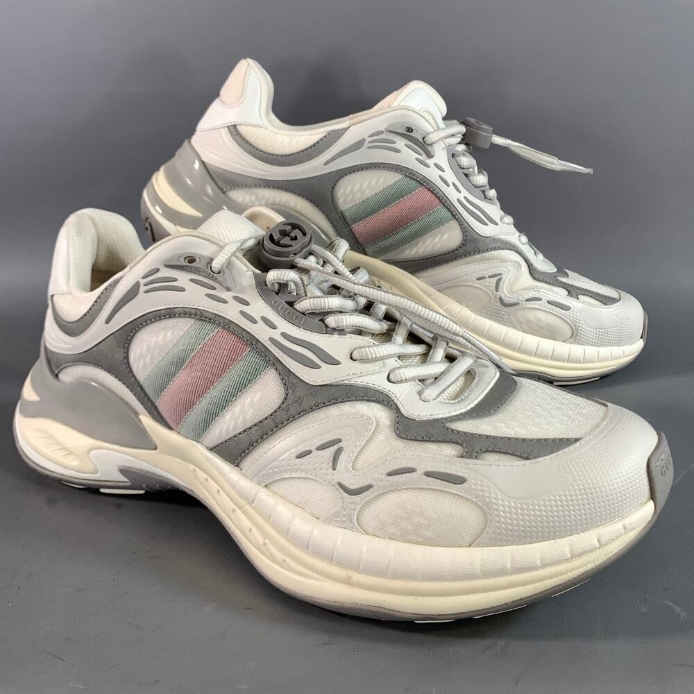 GUCCI Size 11.5 White Grey Leather Lace Up Sneakers